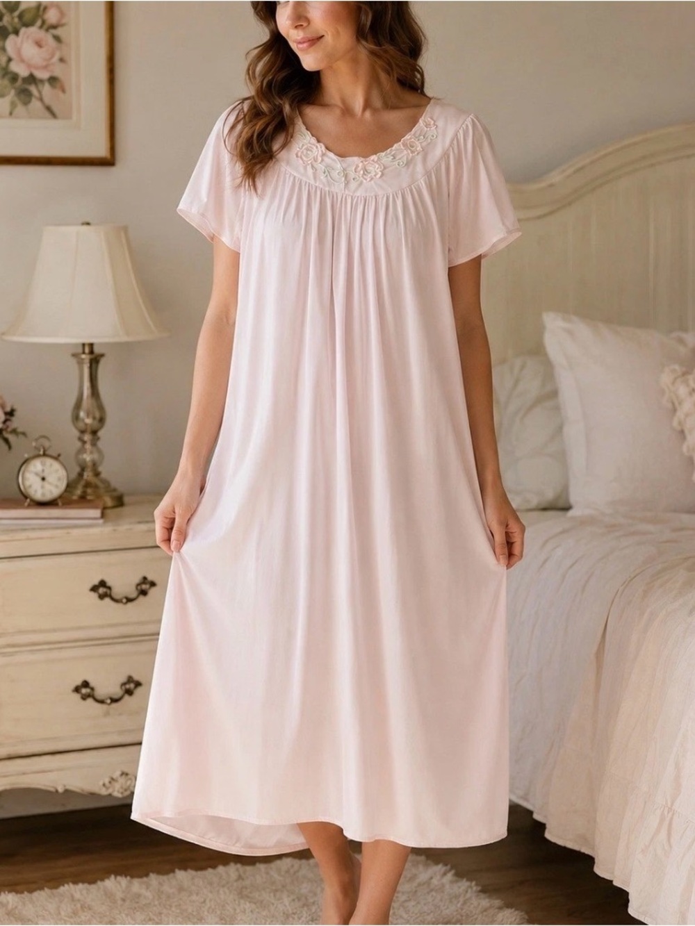 Vintage Miss Elaine Pink Tricot Nightgown XL Embroidered Coquette Grannycore